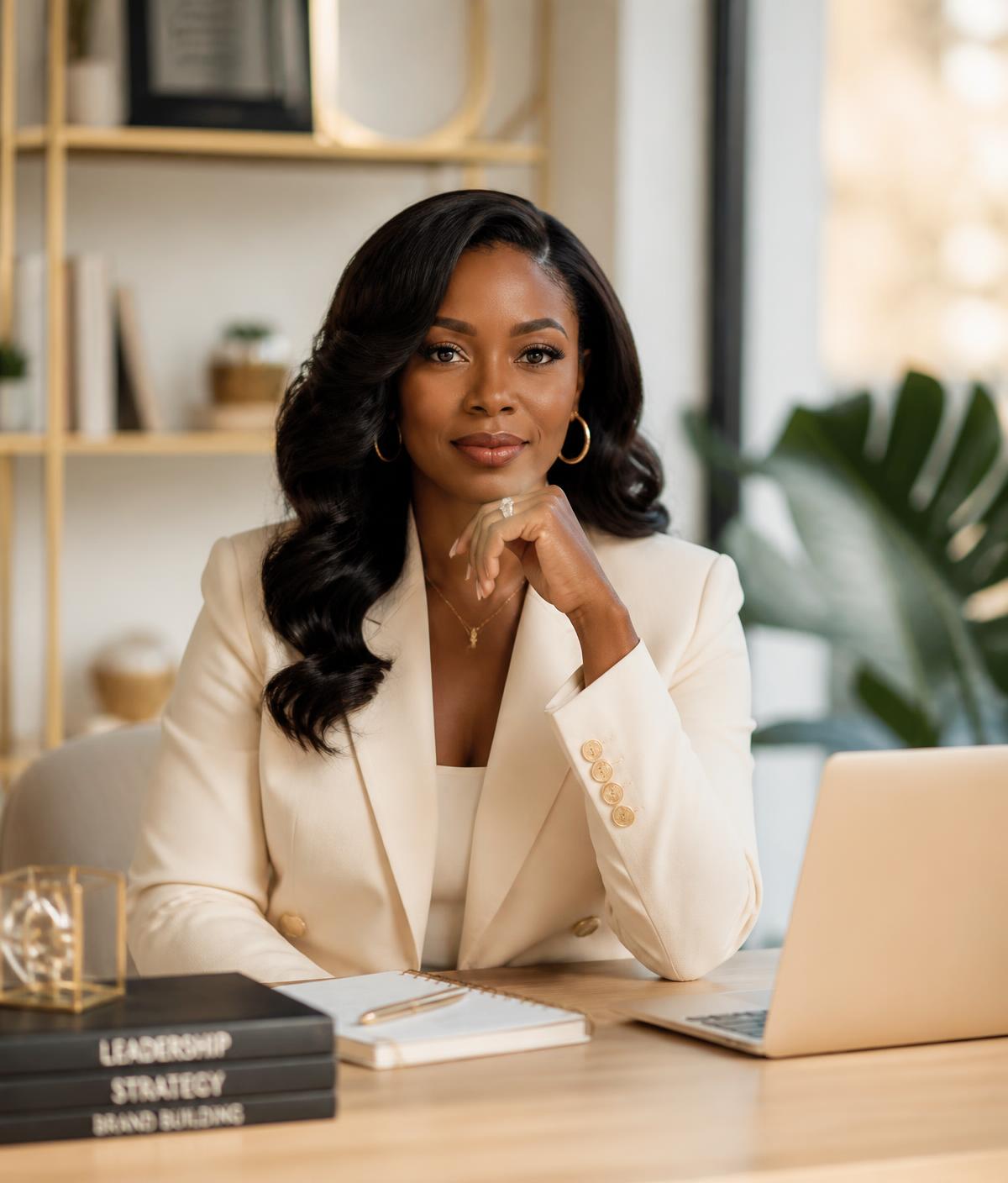 Nadege Nanadoum, executive coach and founder of The RISE Method, seated at her desk